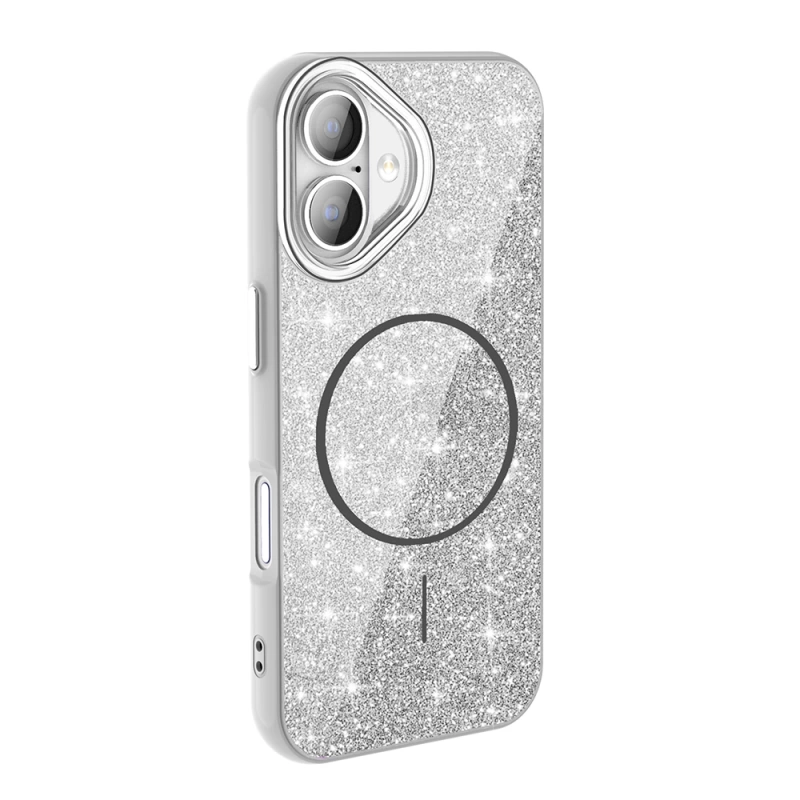Apple iPhone 16 Kılıf M-safe Şarj Özellikli Parlayan Simli Zore Okso Kapak