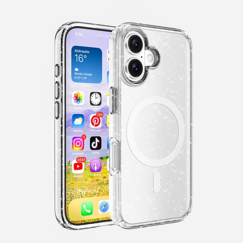 Apple iPhone 16 Kılıf M-safe Şarj Özellikli Parlayan Simli Saydam Renkli Zore Allstar Kapak