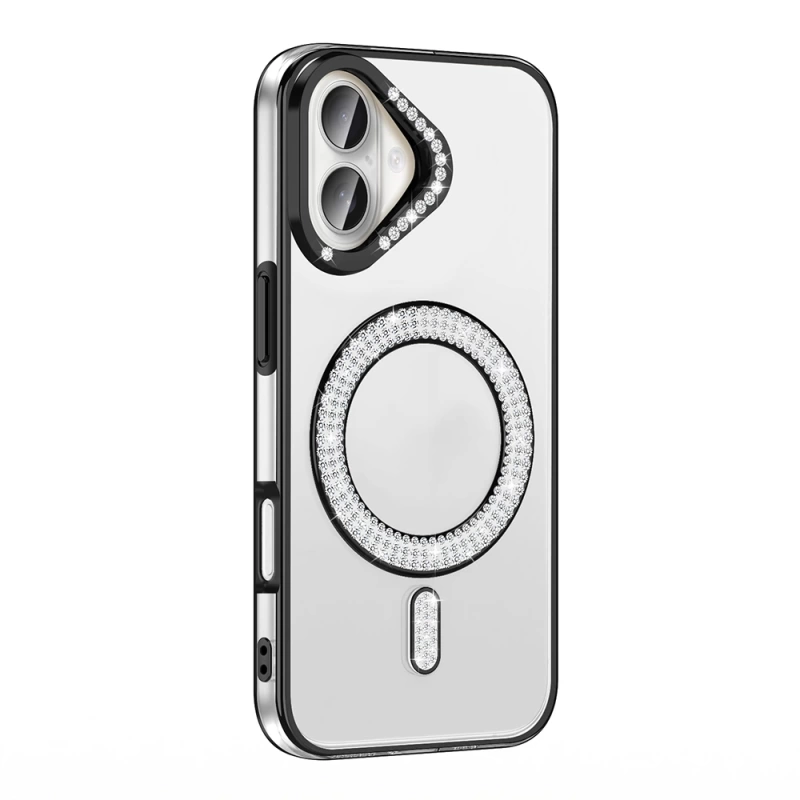 Apple iPhone 16 Kılıf Pırlanta Taş Tasarımlı M-safe Şarj Özellikli Zore Karetta Silikon Kapak