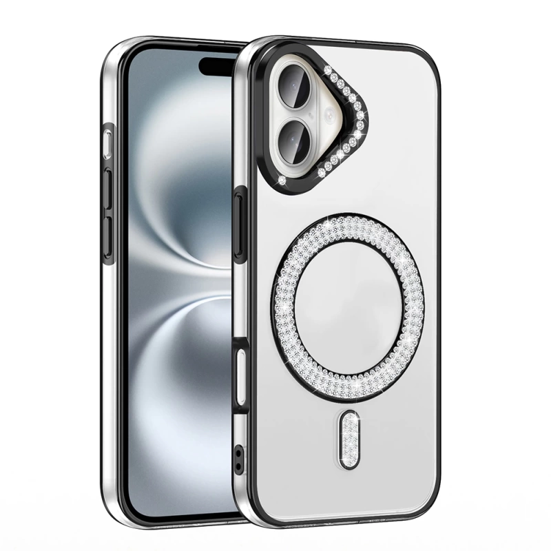 Apple iPhone 16 Kılıf Pırlanta Taş Tasarımlı M-safe Şarj Özellikli Zore Karetta Silikon Kapak
