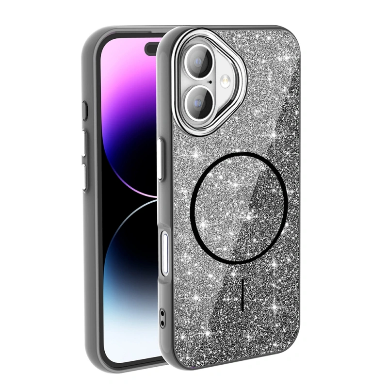 Apple iPhone 16 Plus Kılıf M-safe Şarj Özellikli Parlayan Simli Zore Okso Kapak