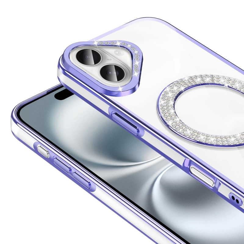 Apple iPhone 16 Plus Kılıf Pırlanta Taş Tasarımlı M-safe Şarj Özellikli Zore Karetta Silikon Kapak