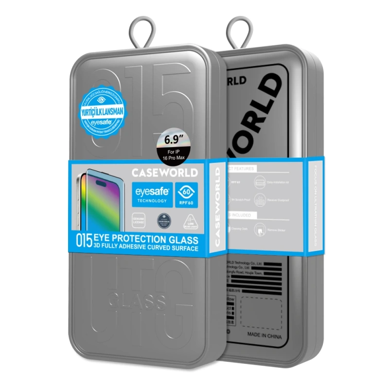 Apple iPhone 16 Pro CaseWorld 3D Eyesafe Mavi Işık Teknolojili 0.15mm Temperli Cam Ekran Koruyucu + Uygulama Aparatı