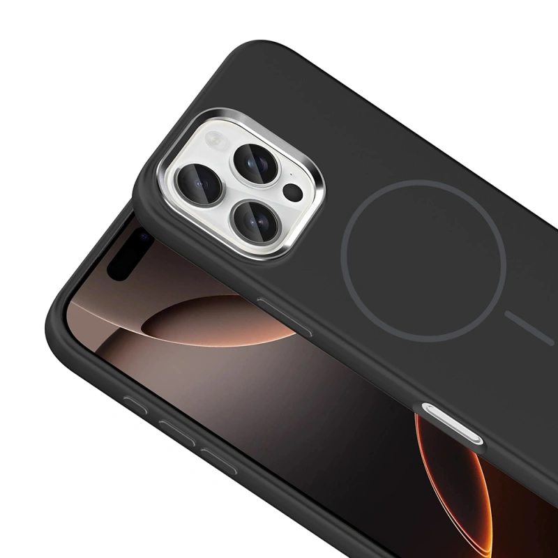 Apple iPhone 16 Pro Kılıf M-Safe Şarj Özellikli Metal Kamera Çerçeveli Zore Edi Silikon Kapak