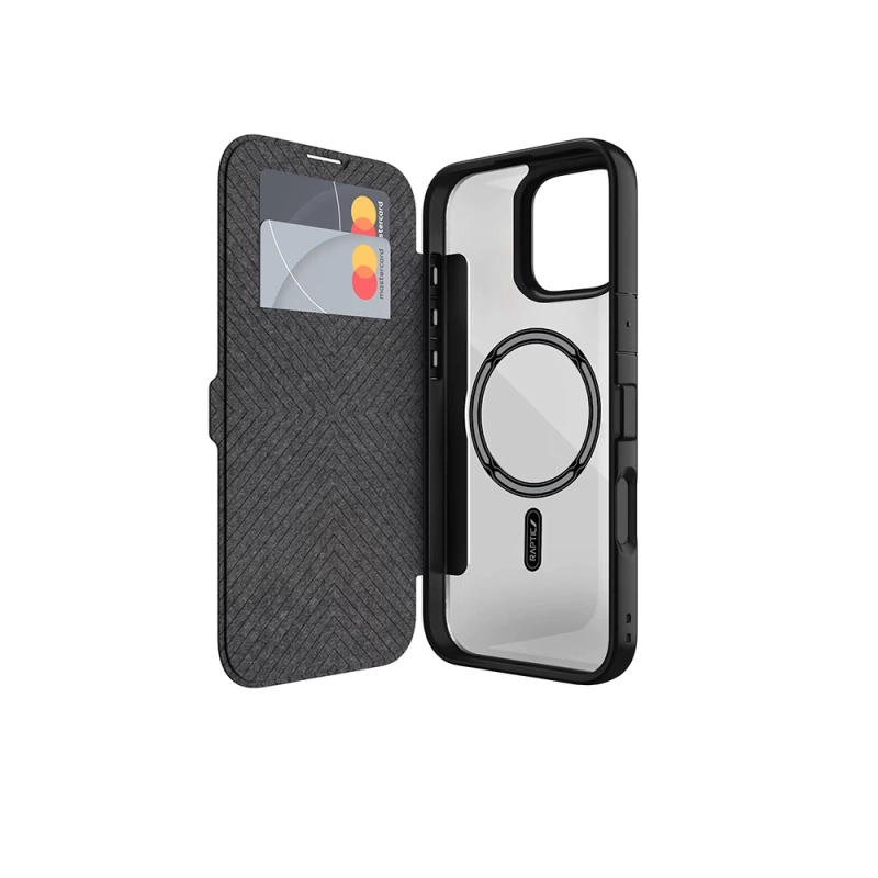 Apple iPhone 16 Pro Kılıf M-safe Şarj Özellikli Vegan Deri Tasarımlı Şeffaf Arka Yüzey Kartlıklı Raptic Urban Folio Serisi Kapak