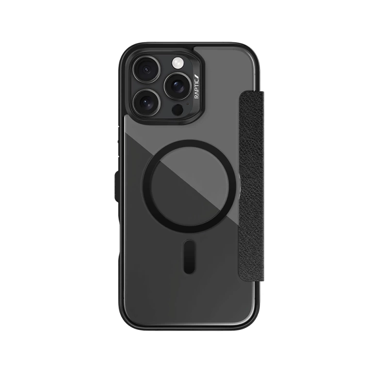 Apple iPhone 16 Pro Kılıf M-safe Şarj Özellikli Vegan Deri Tasarımlı Şeffaf Arka Yüzey Kartlıklı Raptic Urban Folio Serisi Kapak