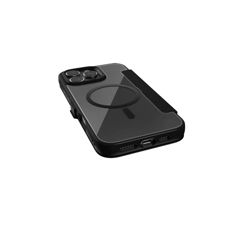 Apple iPhone 16 Pro Kılıf M-safe Şarj Özellikli Vegan Deri Tasarımlı Şeffaf Arka Yüzey Kartlıklı Raptic Urban Folio Serisi Kapak
