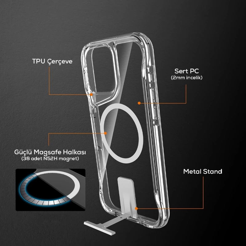Apple iPhone 16 Pro Kılıf M-safe Şarj Özellikli Zore T-Max Standlı Kapak