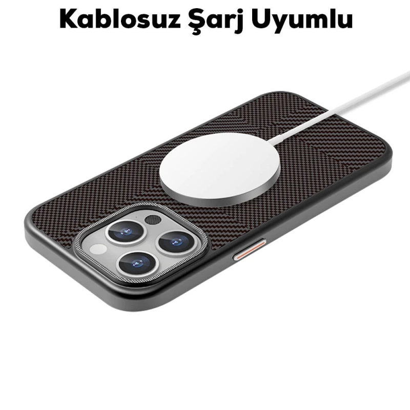 Apple iPhone 16 Pro Kılıf Magsafe Şarj Özellikli Karbon Fiber Desenli Mutural Montage Kapak