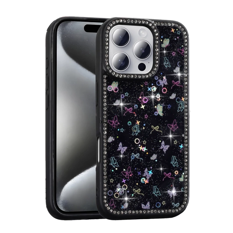 Apple iPhone 16 Pro Kılıf Taşlı ve Simli Tasarım Zore Azra Kapak