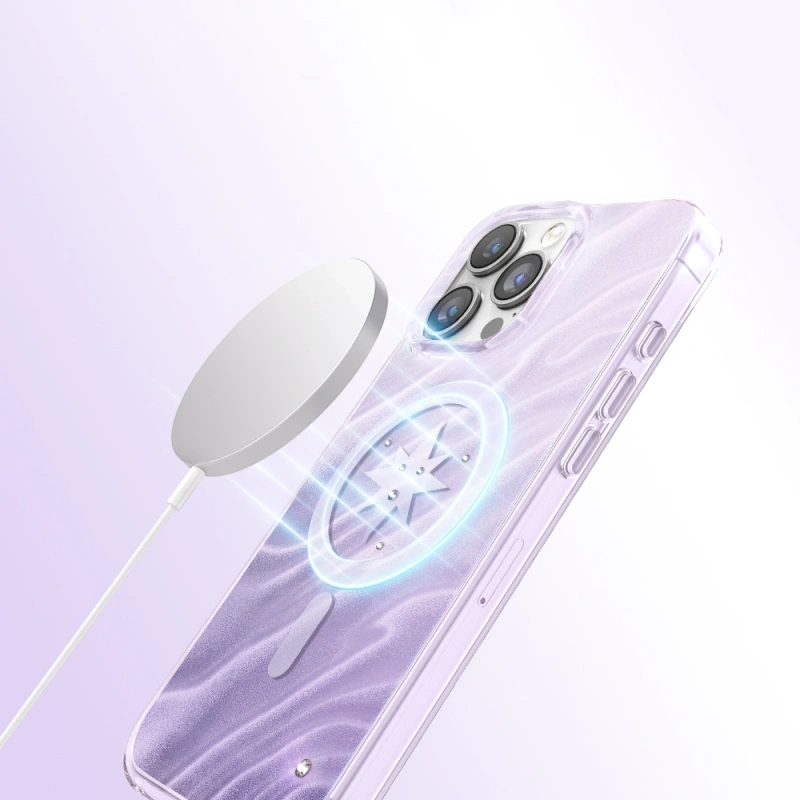 Apple iPhone 16 Pro Max Kılıf M-Safe Şarj Özellikli Orjinal Swarovski Taşlı Zore Paris Rovix Sert PC Kapak