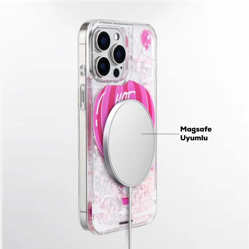 Apple iPhone 16 Pro Max Kılıf Magsafe Şarj Özellikli Parlak Kumlu Sıvılı Youngkit Pink Dream Quicksand Serisi Kapak