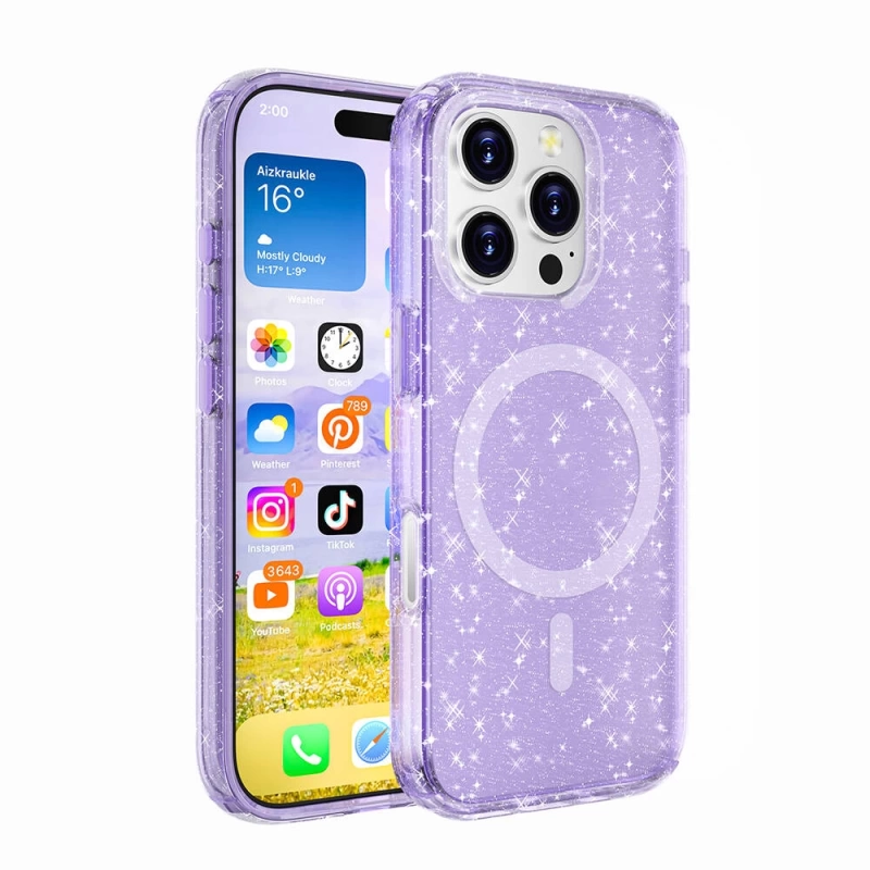 Apple iPhone 16 Pro Max Kılıf M-safe Şarj Özellikli Parlayan Simli Saydam Renkli Zore Allstar Kapak