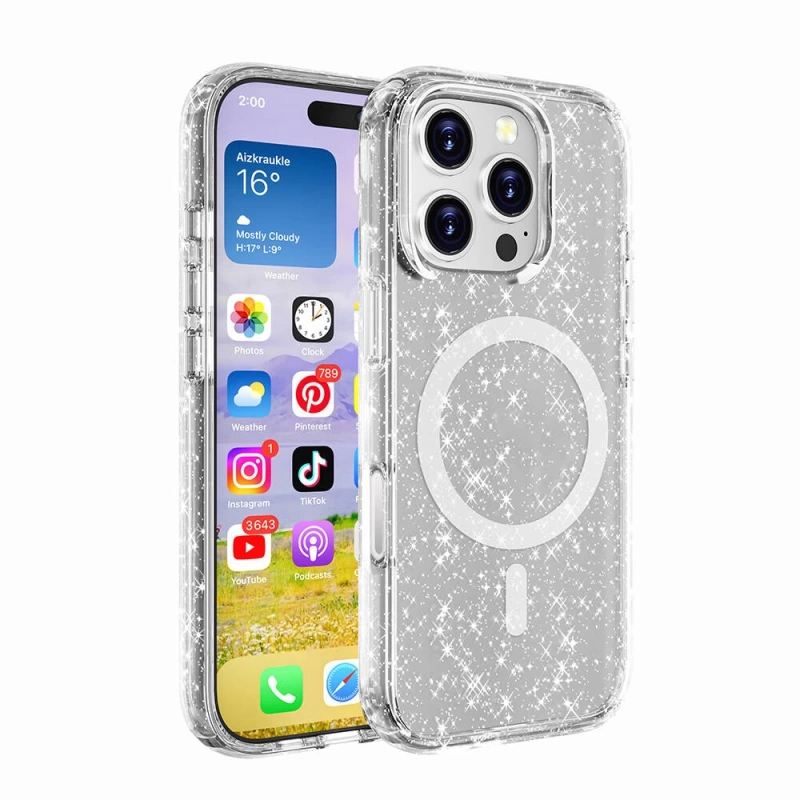 Apple iPhone 16 Pro Max Kılıf M-safe Şarj Özellikli Parlayan Simli Saydam Renkli Zore Allstar Kapak