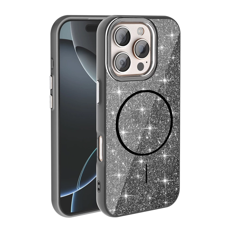 Apple iPhone 16 Pro Max Kılıf M-safe Şarj Özellikli Parlayan Simli Zore Okso Kapak