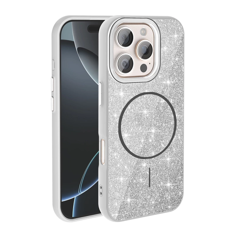 Apple iPhone 16 Pro Max Kılıf M-safe Şarj Özellikli Parlayan Simli Zore Okso Kapak