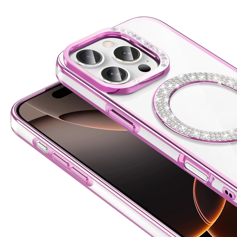 Apple iPhone 16 Pro Max Kılıf Pırlanta Taş Tasarımlı M-safe Şarj Özellikli Zore Karetta Silikon Kapak