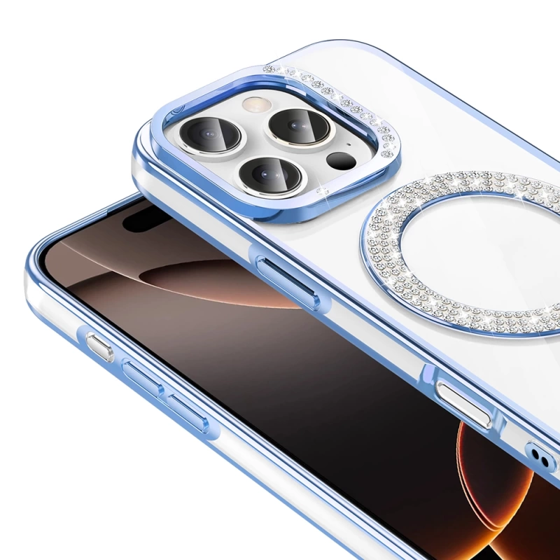 Apple iPhone 16 Pro Max Kılıf Pırlanta Taş Tasarımlı M-safe Şarj Özellikli Zore Karetta Silikon Kapak