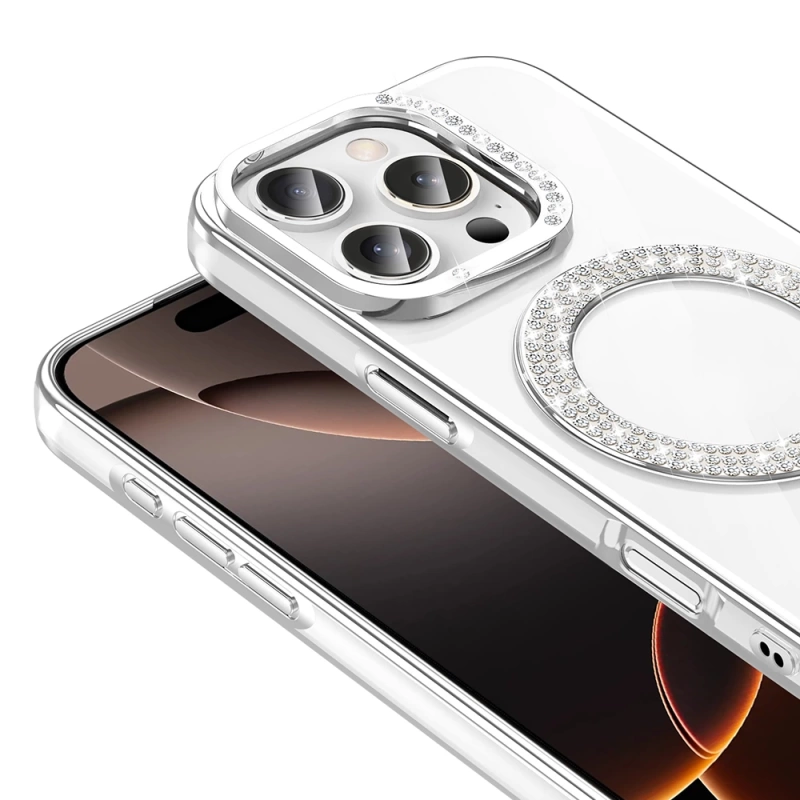 Apple iPhone 16 Pro Max Kılıf Pırlanta Taş Tasarımlı M-safe Şarj Özellikli Zore Karetta Silikon Kapak