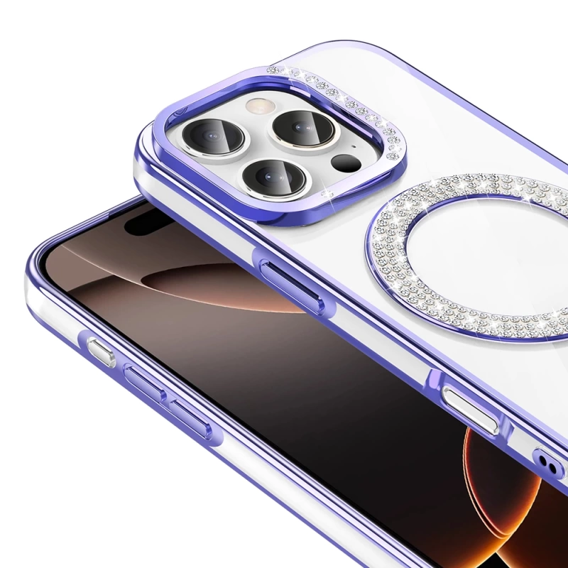 Apple iPhone 16 Pro Max Kılıf Pırlanta Taş Tasarımlı M-safe Şarj Özellikli Zore Karetta Silikon Kapak