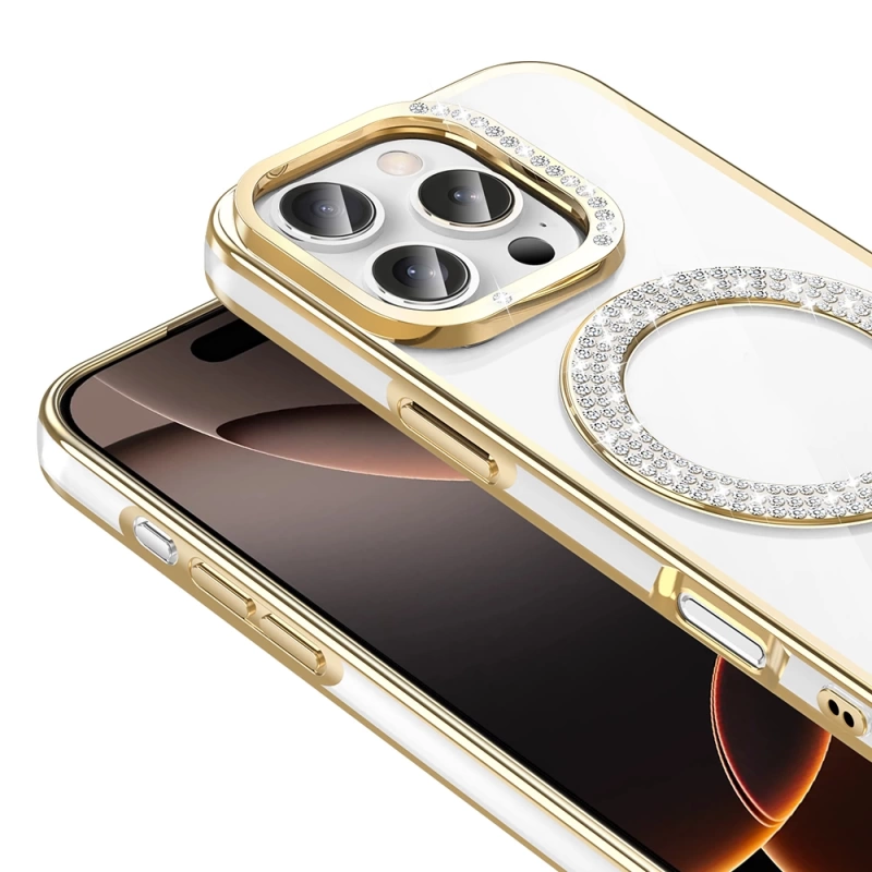 Apple iPhone 16 Pro Max Kılıf Pırlanta Taş Tasarımlı M-safe Şarj Özellikli Zore Karetta Silikon Kapak