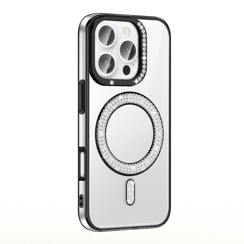 Apple iPhone 16 Pro Max Kılıf Pırlanta Taş Tasarımlı M-safe Şarj Özellikli Zore Karetta Silikon Kapak