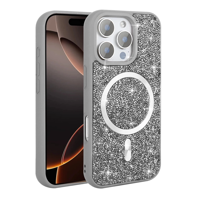 Apple iPhone 16 Pro Max Kılıf Pırlanta Tasarımlı M-safe Şarj Özellikli Zore Mozaik Silikon Kapak