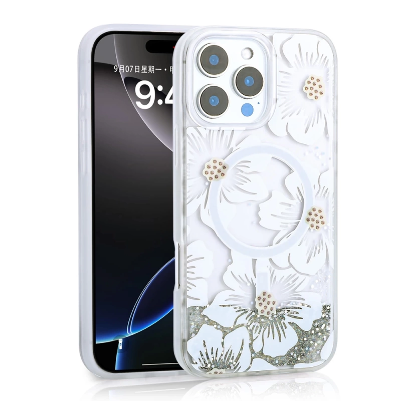 Apple iPhone 16 Pro Max Kılıf Sıvılı Simli Baskılı Şeffaf Arka Yüzey Zore Mossa Silikon Kapak