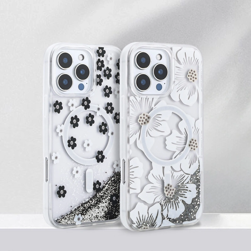 Apple iPhone 16 Pro Max Kılıf Sıvılı Simli Baskılı Şeffaf Arka Yüzey Zore Mossa Silikon Kapak