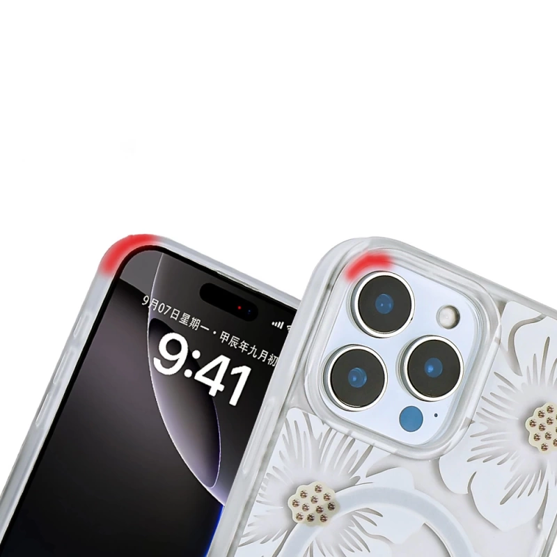 Apple iPhone 16 Pro Max Kılıf Sıvılı Simli Baskılı Şeffaf Arka Yüzey Zore Mossa Silikon Kapak