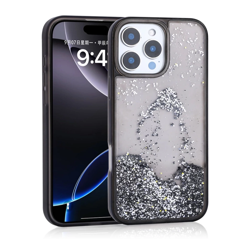 Apple iPhone 16 Pro Max Kılıf Sıvılı Simli Şeffaf Arka Yüzey Zore Keto Silikon Kapak