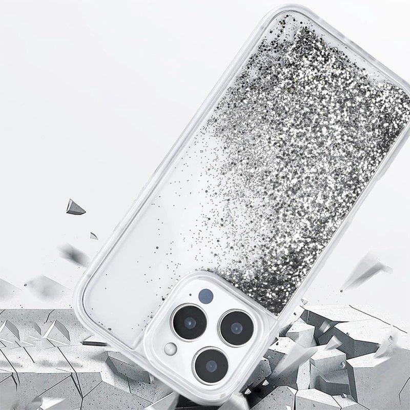 Apple iPhone 16 Pro Max Kılıf Sıvılı Simli Şeffaf Arka Yüzey Zore Keto Silikon Kapak