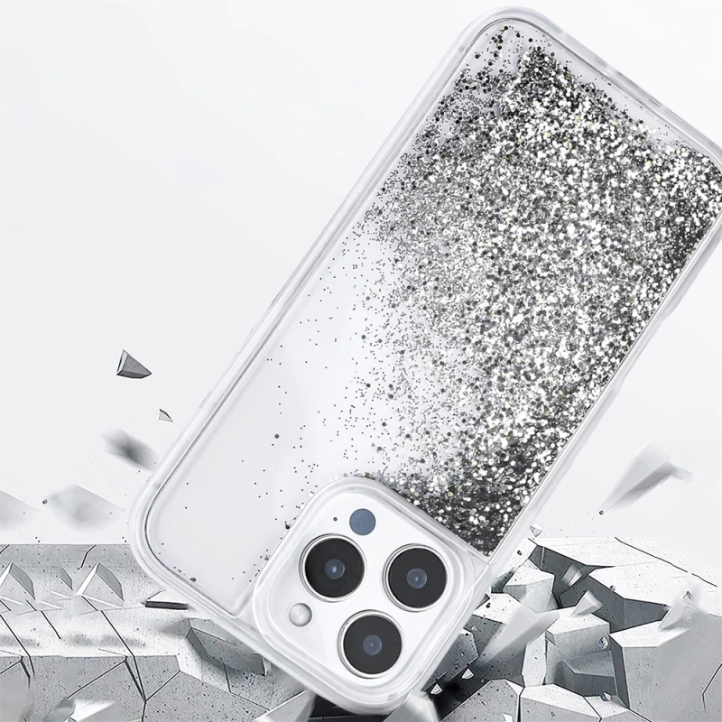 Apple iPhone 16 Pro Max Kılıf Sıvılı Simli Şeffaf Arka Yüzey Zore Keto Silikon Kapak