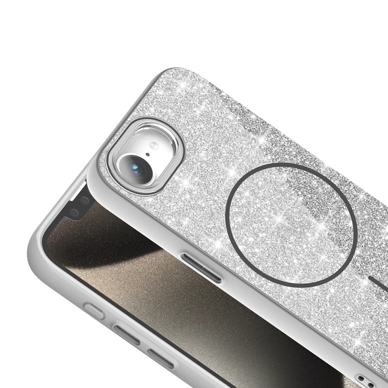 Apple iPhone 16E Kılıf M-safe Şarj Özellikli Parlayan Simli Zore Okso Kapak