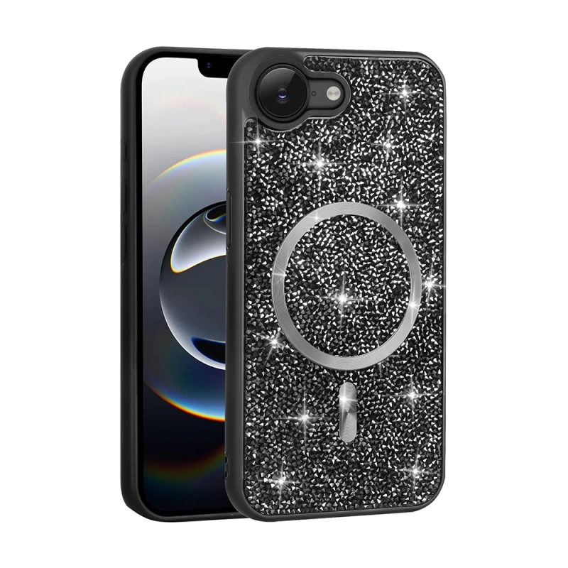Apple iPhone 16E Kılıf Pırlanta Tasarımlı M-safe Şarj Özellikli Zore Mozaik Silikon Kapak