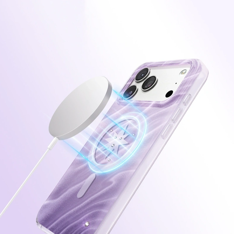 Apple iPhone 17 Pro Kılıf M-Safe Şarj Özellikli Orjinal Swarovski Taşlı Zore Paris Rovix Sert PC Kapak