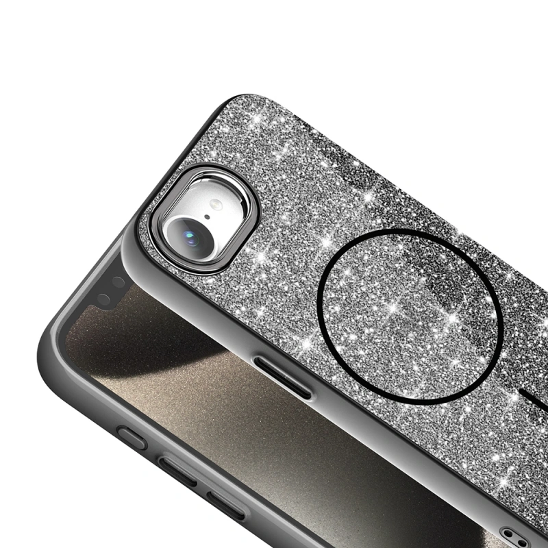 Apple iPhone 17E Kılıf M-safe Şarj Özellikli Parlayan Simli Zore Okso Kapak