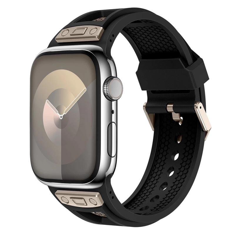 Apple Watch 42mm Zore KRD-117 Hava Alabilen Delikli Metal Süslemeli Desenli Silikon Kordon