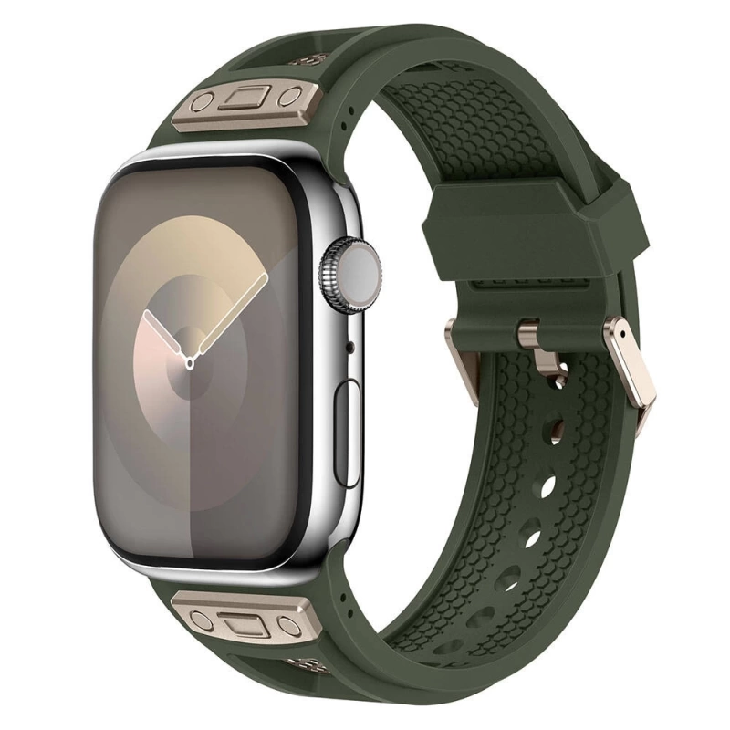 Apple Watch 44mm Zore KRD-117 Hava Alabilen Delikli Metal Süslemeli Desenli Silikon Kordon