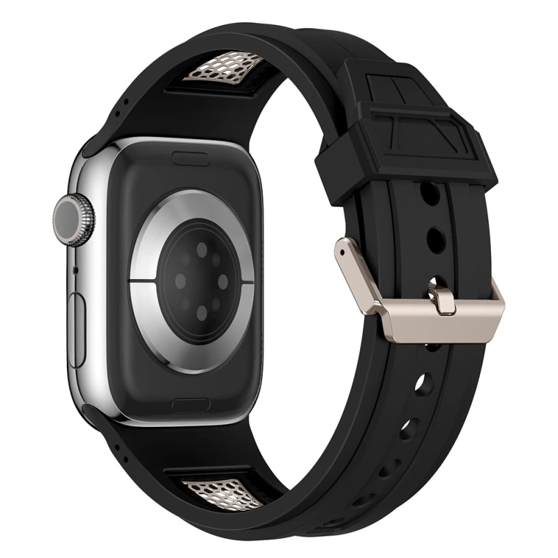 Apple Watch 44mm Zore KRD-117 Hava Alabilen Delikli Metal Süslemeli Desenli Silikon Kordon