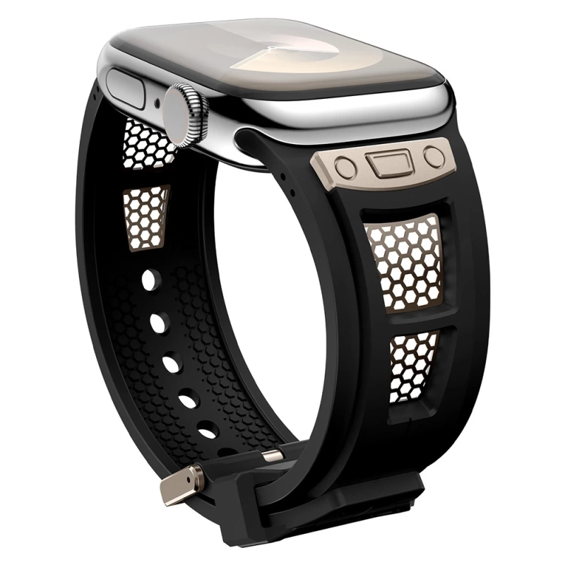 Apple Watch 44mm Zore KRD-117 Hava Alabilen Delikli Metal Süslemeli Desenli Silikon Kordon