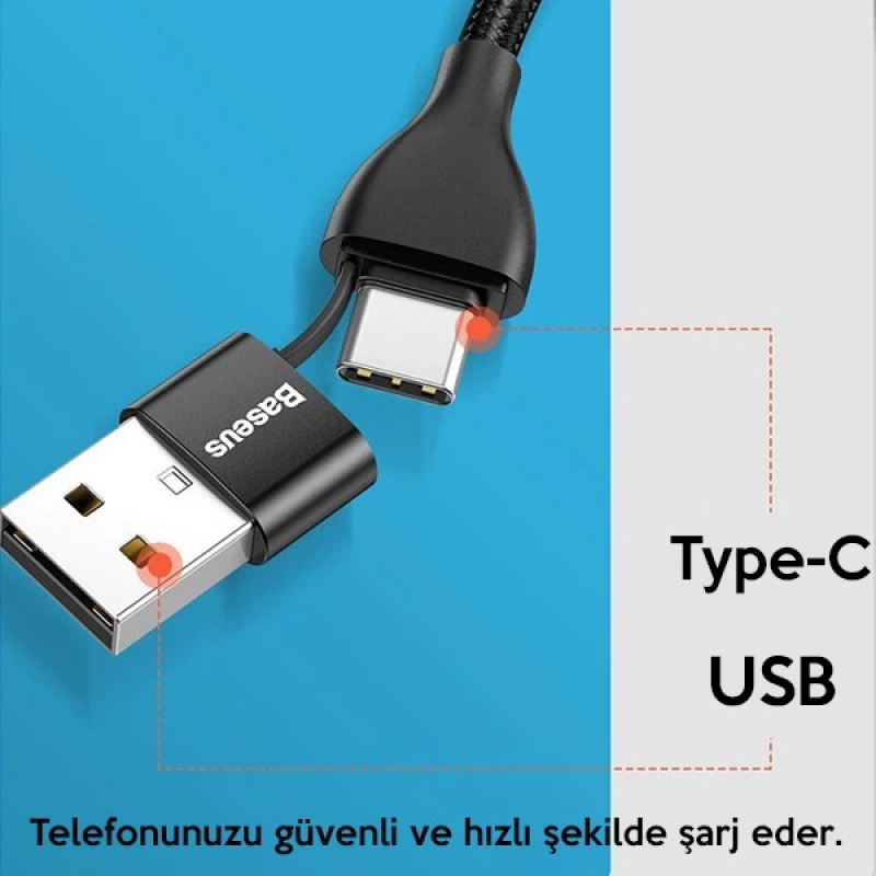 Baseus 2in1 Dual Output Cable-USB-A+Type-C İPhone 18W Hızlı Şarj Usb Kablo 1m