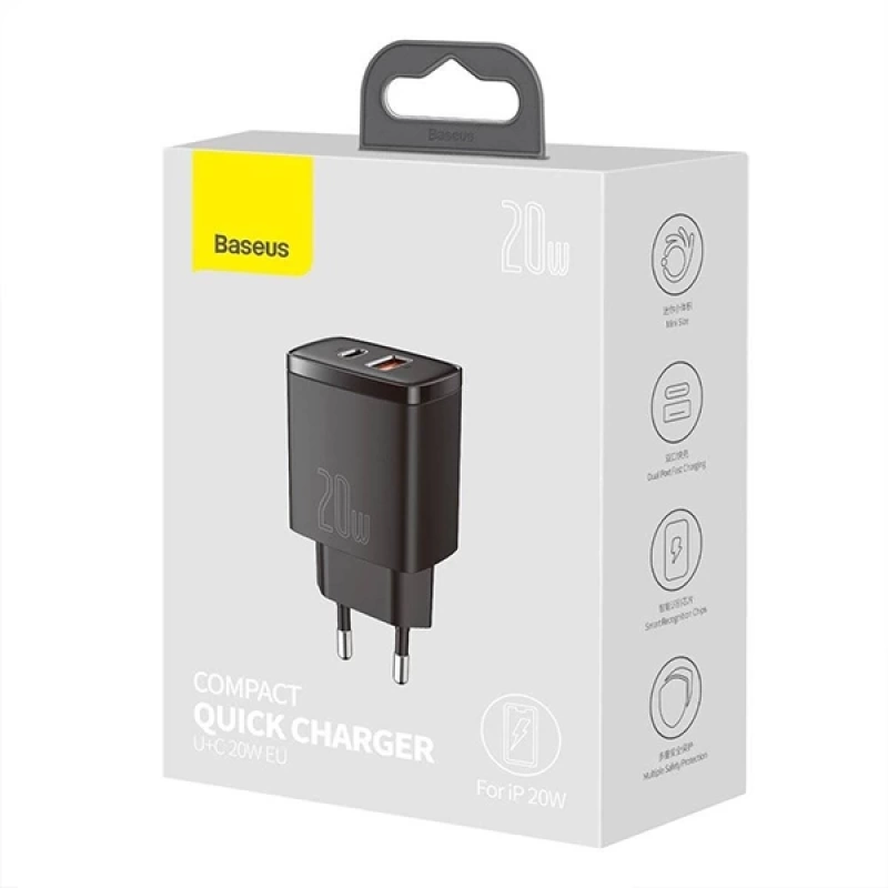 Baseus Compact 20W USB + TYPE-C Çıkışlı QC3.0 Hızlı Şarj Başlığı Şarj Aleti