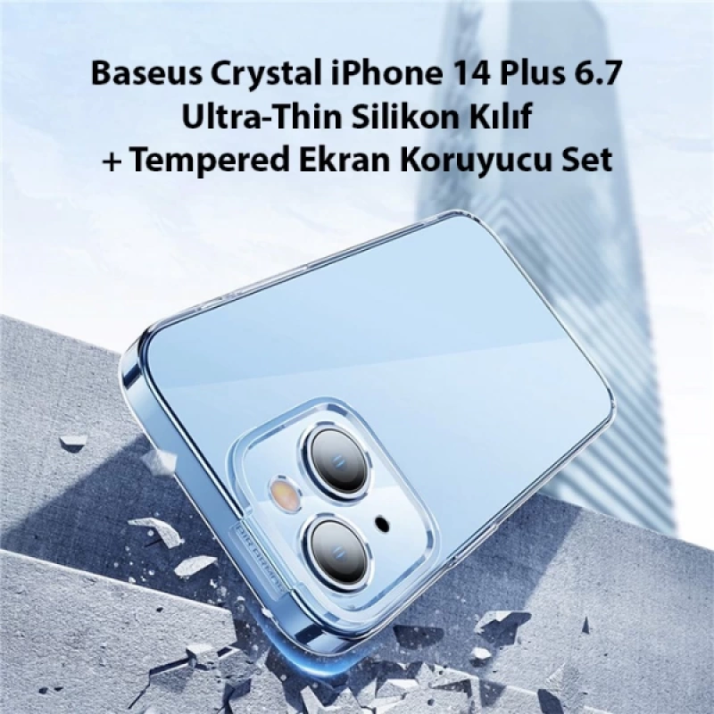 Baseus Crystal iPhone 14 Plus 6.7 Ultra-Thin Silikon Kılıf + Tempered Ekran Koruyucu Set