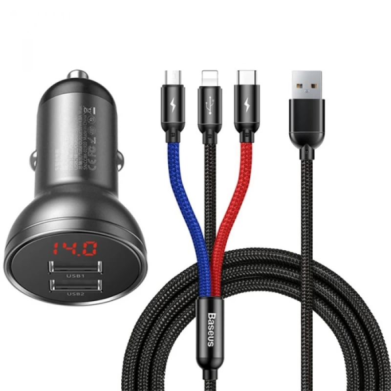 Baseus Digital Display Dual USB 4.8A 24W Hızlı Araç Şarj Cihazı+Baseus 3in1 Şarj Kablosu 3.5A 1.2m
