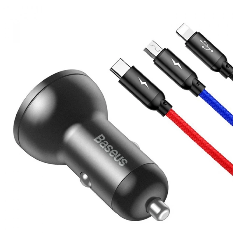 Baseus Digital Display Dual USB 4.8A 24W Hızlı Araç Şarj Cihazı+Baseus 3in1 Şarj Kablosu 3.5A 1.2m