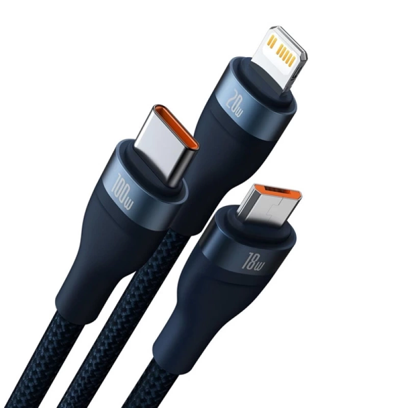 Baseus Flash Series II 100W Type-C Lightning Micro USB 3in1 Hızlı Şarj Kablosu