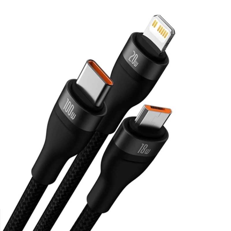 Baseus Flash Series II 100W Type-C Lightning Micro USB 3in1 Hızlı Şarj Kablosu