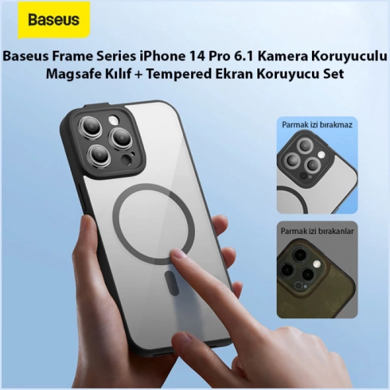 Baseus Frame Series iPhone 14 Pro 6.1 Kamera Koruyuculu Magsafe Kılıf + Tempered Ekran Koruyucu Set