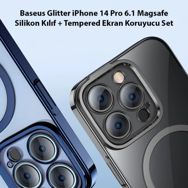 Baseus Glitter iPhone 14 Pro 6.1 Magsafe Silikon Kılıf + Tempered Ekran Koruyucu Set